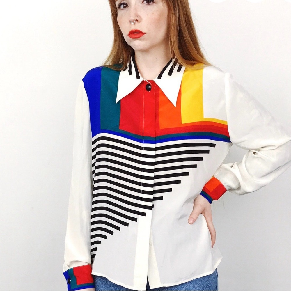 [unavailable] Vintage Silk Colorblock Rainbow Blouse Colorful Button Up Blouse